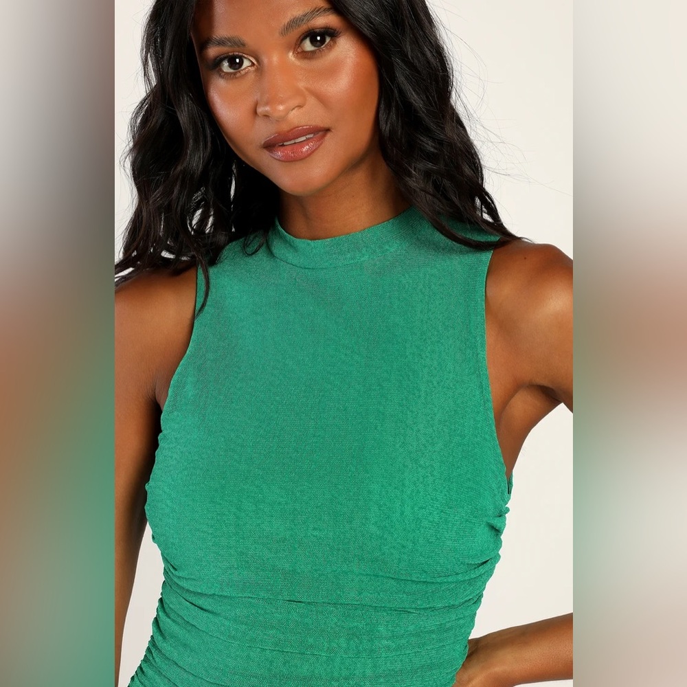 Lulu’s Green Ruched Midi Dress Sexy Formal Date Wedding Guest Bodycon - Picture 3 of 6